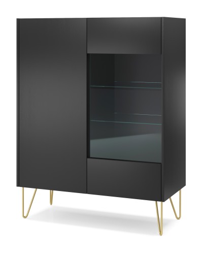 Elegancka witryna Harmony 97 cm czarny mat marmur i złoto ujęcie bryły pod kątem prezentujące szklane elementy