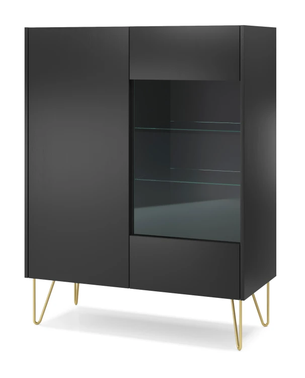 Elegancka witryna Harmony 97 cm czarny mat marmur i złoto ujęcie bryły pod kątem prezentujące szklane elementy