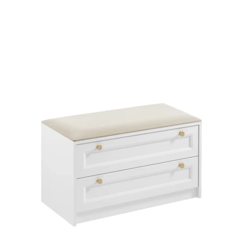Elegancka biała ławeczka do przedpokoju Rel LWK o szerokości 90 cm z beżowym tapicerowanym siedziskiem velvet, dwoma szufladami z frontem ramkowym i złotymi gałkami, widok z przodu na białym tle.