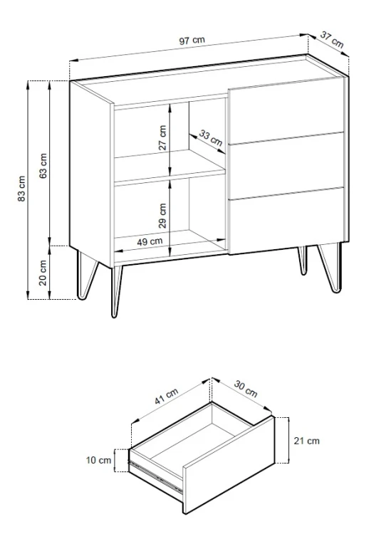 Rysunek techniczny komody Harmony KSZ97 ze szczegółowym oznaczeniem wymiarów: szerokość 97 cm, wysokość 83 cm, głębokość 37 cm oraz wysokość nóżek 20 cm