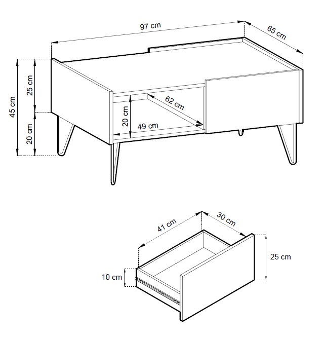 Rysunek techniczny stolika kawowego Harmony L97: szerokość 97 cm, głębokość 65 cm, wysokość 45 cm, wysokość nóżek 20 cm