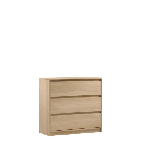 Nowoczesna komoda Manami K3S o szerokości 91,5 cm w kolorze Cremona, wyposażona w trzy pojemne szuflady, widok z przodu na białym tle.