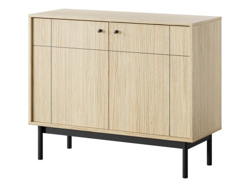 Elegancka komoda do salonu Japandi K104 ujęcie pod kątem, ukazujące głębokość mebla i czarny stelaż nóżek