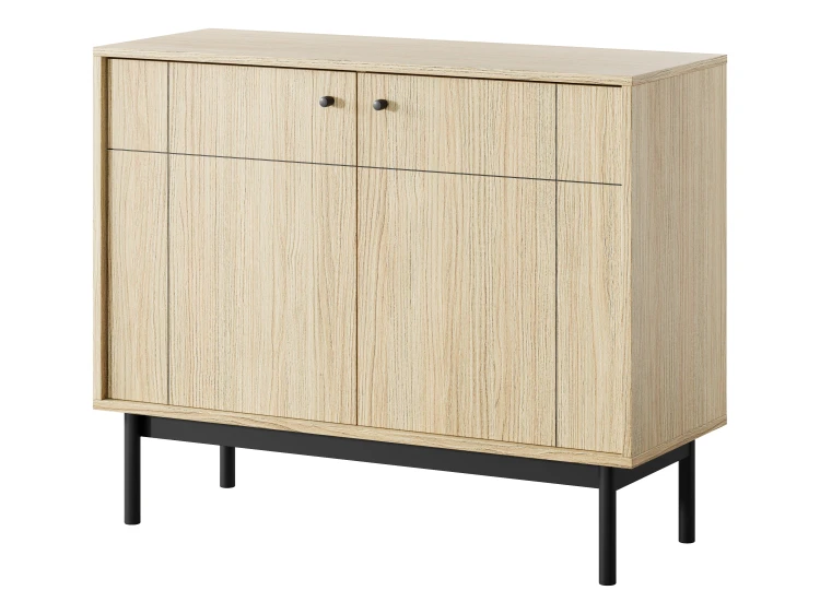 Elegancka komoda do salonu Japandi K104 ujęcie pod kątem, ukazujące głębokość mebla i czarny stelaż nóżek