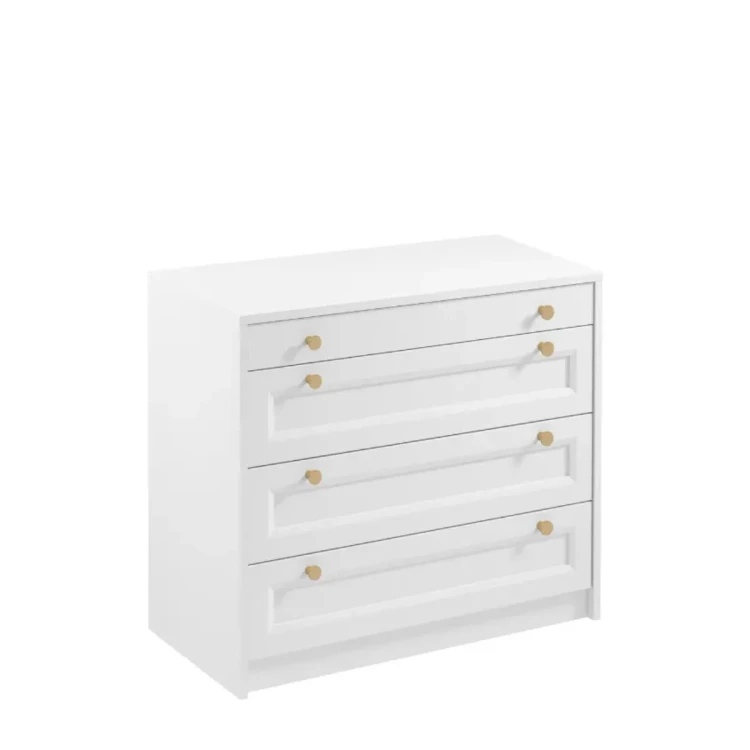 Elegancka biała komoda Rel K4S o szerokości 90 cm z czterema szufladami, ozdobnymi frontami ramkowymi i metalowymi uchwytami w kolorze szczotkowanego złota, widok z przodu na białym tle.