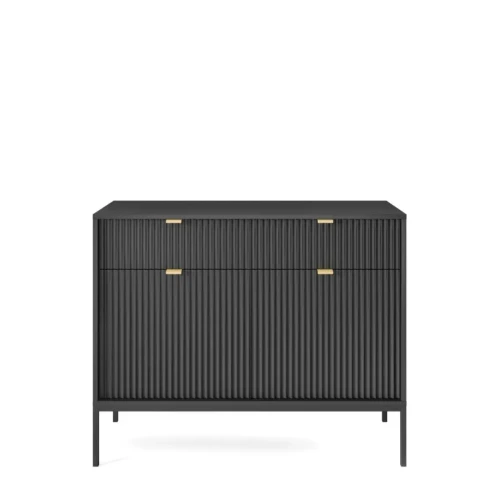 Szafka pod telewizor czarna Nova RTV154, widok z przodu, szerokość 154 cm, czarny matowy front i nowoczesne wysokie nóżki