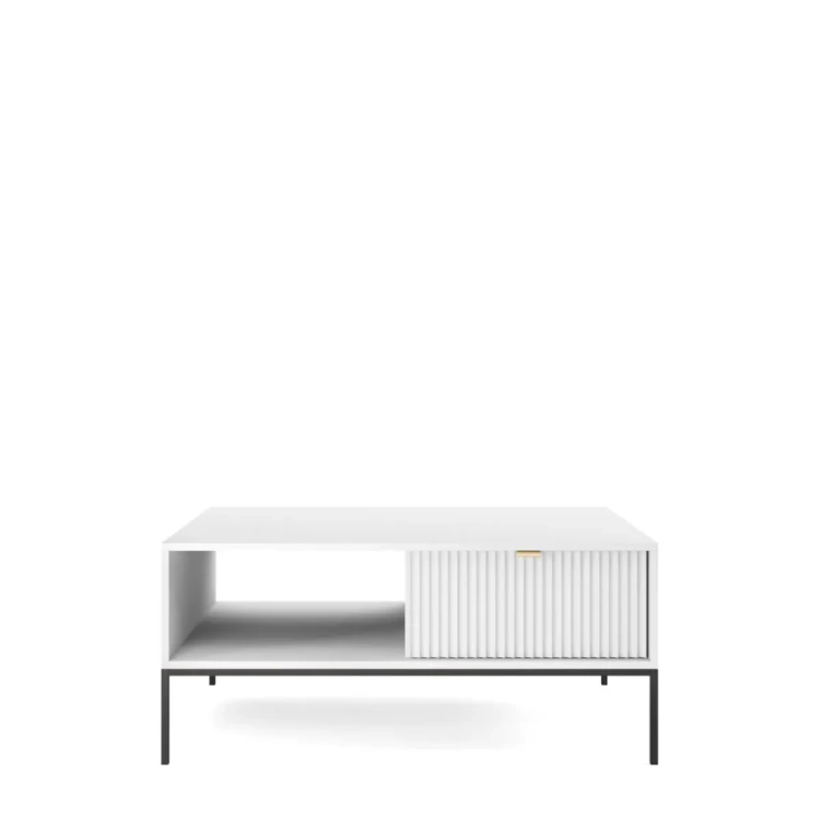 Stolik kawowy biały Nova L104, widok z przodu, szerokość 104 cm, biały matowy blat i nowoczesny design