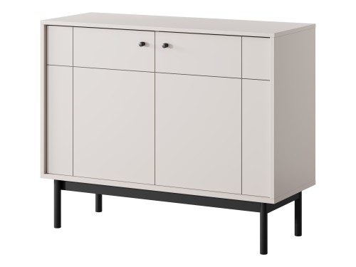 Elegancka komoda do salonu Japandi K104 kaszmir, ujęcie pod kątem eksponujące głębokość bryły i czarny stelaż nóżek
