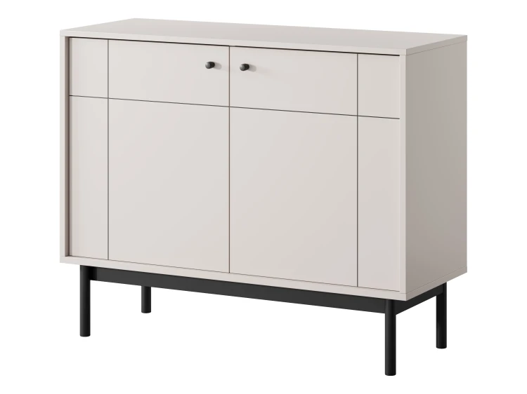 Elegancka komoda do salonu Japandi K104 kaszmir, ujęcie pod kątem eksponujące głębokość bryły i czarny stelaż nóżek