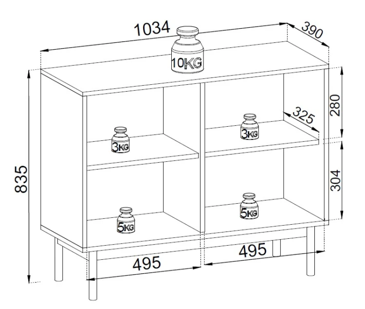 Rysunek techniczny komody Japandi K104 z wymiarami: szerokość 103,4 cm, wysokość 83,5 cm, głębokość 39 cm