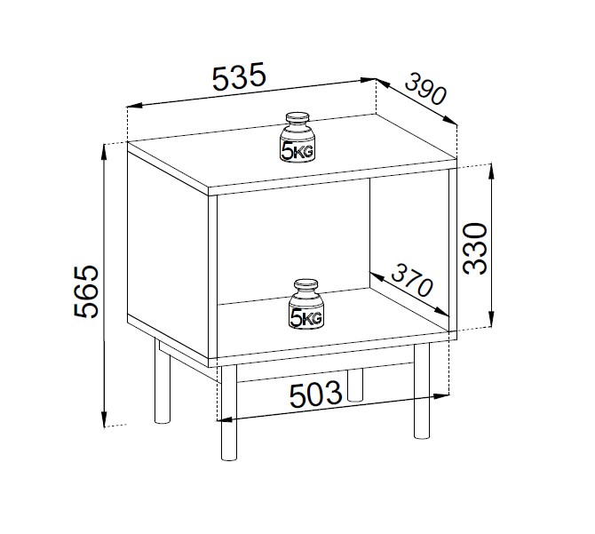 Rysunek techniczny szafki nocnej Japandi S54 z wymiarami: szerokość 54 cm, wysokość 56,5 cm, głębokość 39 cm