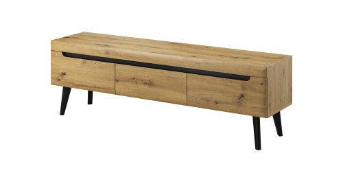 Szafka RTV 160 cm Nordi dąb artisan ujęcie pod kątem, eksponujące głębokość bryły i wysokie nóżki z litego drewna