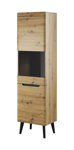 Wąska witryna do salonu Nordi dąb artisan ujęcie pod kątem, ukazujące wysokość 197 cm i głębokość 40 cm