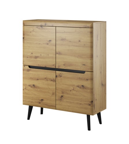 Komoda skandynawska 107 cm Nordi dąb artisan ujęcie pod kątem, ukazujące wysokość 134 cm i czarny stelaż z litego drewna