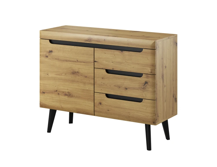 Komoda skandynawska 107 cm Nordi dąb artisan ujęcie pod kątem, ukazujące wysokość 87 cm i głębokość 40 cm