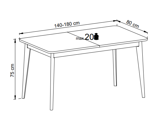 Rysunek techniczny stołu Nordi NST140: szerokość 140-180 cm, wysokość 76 cm, głębokość 80 cm