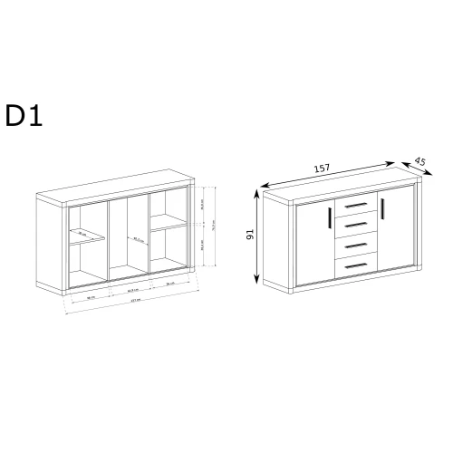 Rysunek techniczny Komoda Dallas D-1 Dąb Truflowy – wymiary
