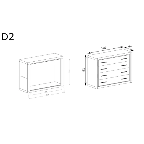 Rysunek techniczny Komoda Dallas D-2 Dąb Truflowy – wymiary