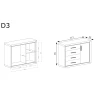 Rysunek techniczny Komoda Dallas D-3 Dąb Truflowy – wymiary