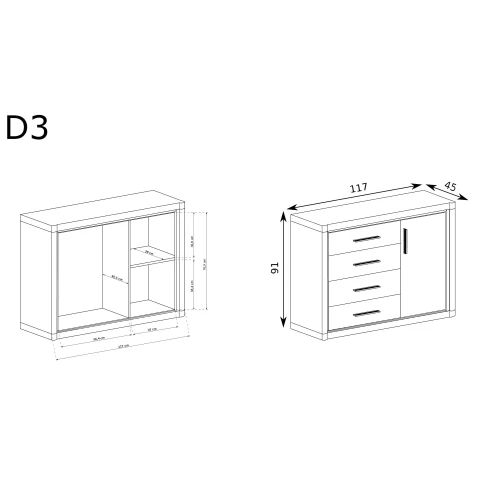 Rysunek techniczny Komoda Dallas D-3 Dąb Truflowy – wymiary
