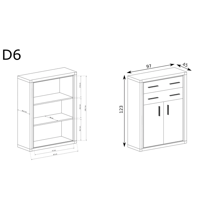 Rysunek techniczny Komoda Dallas D-6 Dąb Truflowy – wymiary