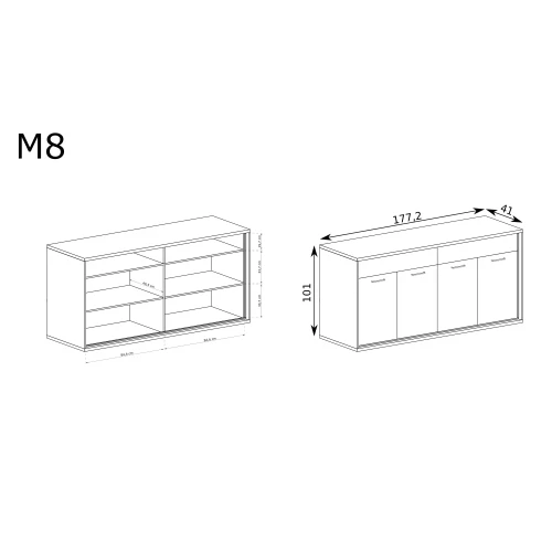 Rysunek techniczny Komoda Mediolan M-8 Hikora – wymiary
