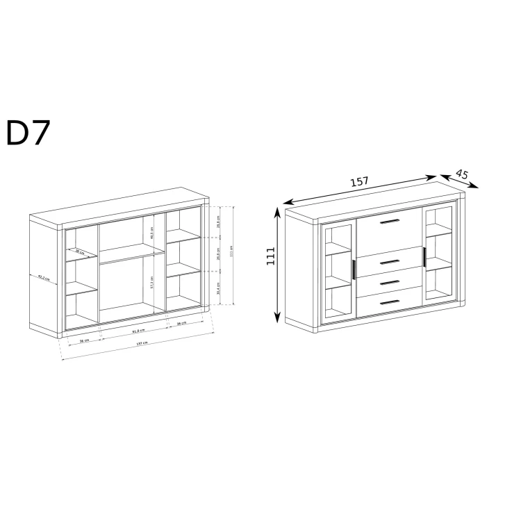 Rysunek techniczny Komoda-Witryna Dallas D-7 Sonoma – wymiary