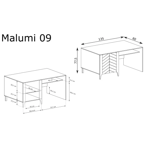 Rysunek techniczny Biurko Malumi MM-9 Czarny Painflow – wymiary
