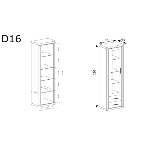 Rysunek techniczny Witryna Dallas D-16 Dąb Truflowy – wymiary