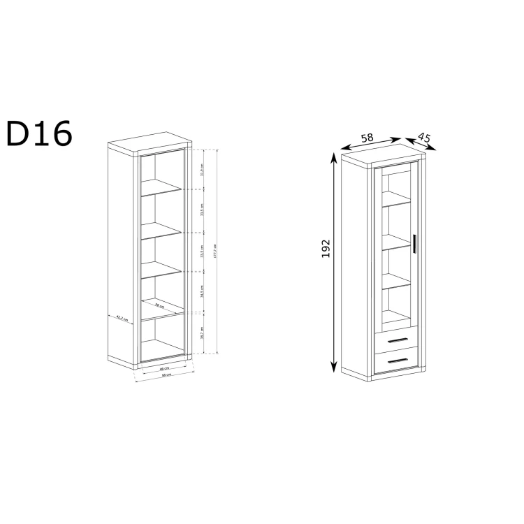 Rysunek techniczny Witryna Dallas D-16 Dąb Truflowy – wymiary
