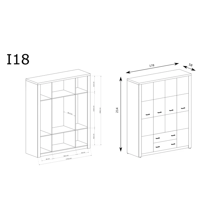 Rysunek techniczny Szafa Indianapolis I-18 Jasny Jesion – wymiary
