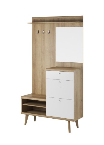 Garderoba przedpokojowa Primo PG110 ujęcie pod kątem, ukazujące szufladę, szafki na buty i głębokość 34 cm