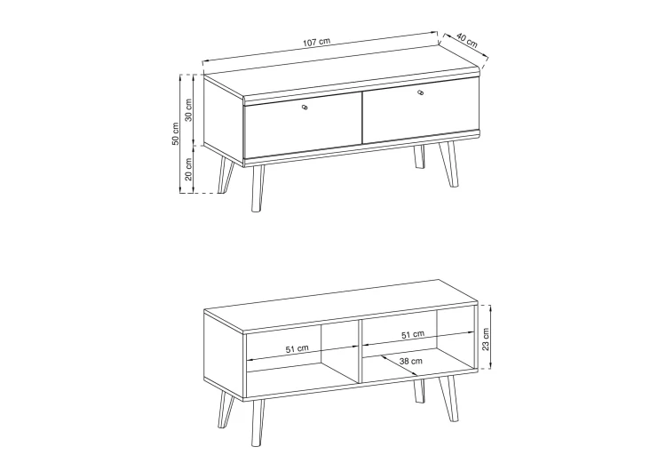 Rysunek techniczny szafki RTV Primo PRTV107: szerokość 107 cm, wysokość 50 cm, głębokość 40 cm