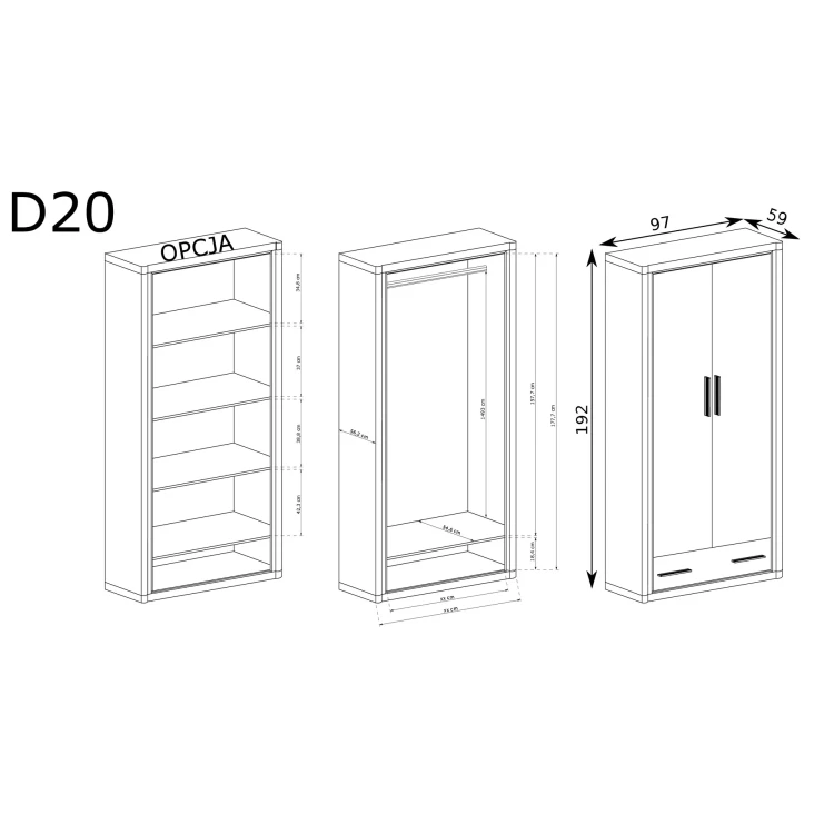 Rysunek techniczny Szafa Dallas D-20 Sonoma – wymiary