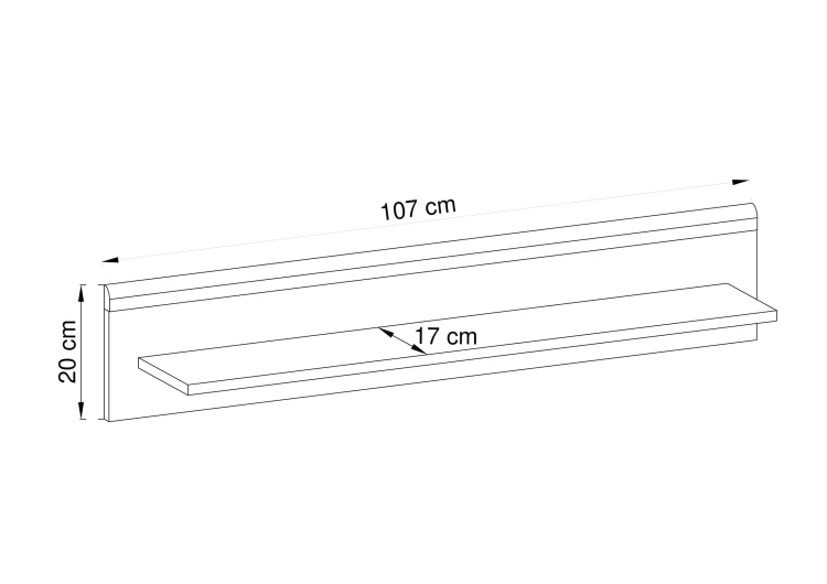 Rysunek techniczny półki Primo P107: szerokość 107 cm, wysokość 20 cm, głębokość 19 cm
