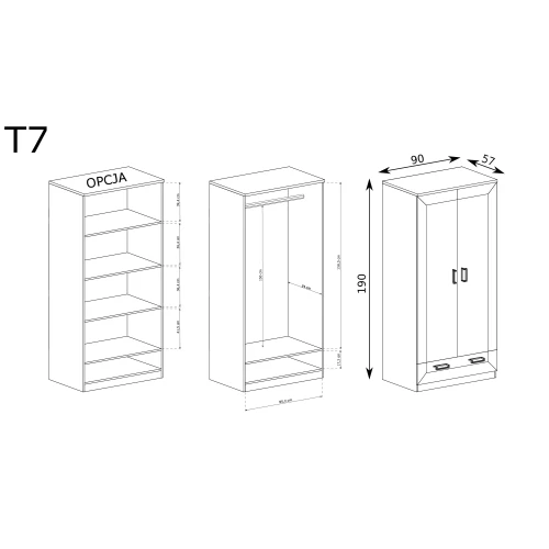 Rysunek techniczny Szafa Tadeusz T-7 Dąb Lefkas – wymiary
