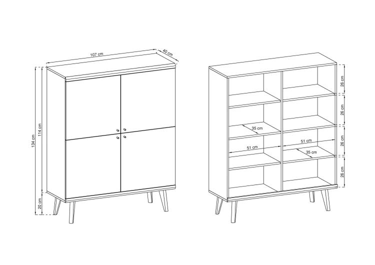 Rysunek techniczny komody Primo PK107: szerokość 107 cm, wysokość 134 cm, głębokość 40 cm