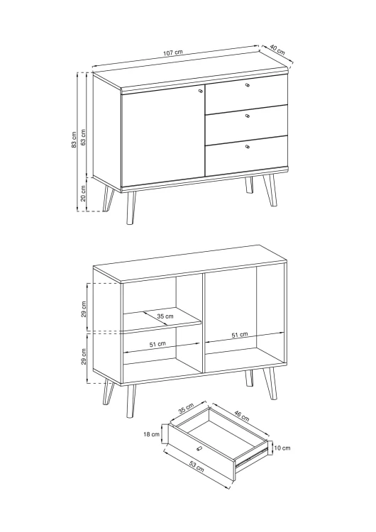 Rysunek techniczny komody Primo PKSZ107: szerokość 107 cm, wysokość 83 cm, głębokość 40 cm