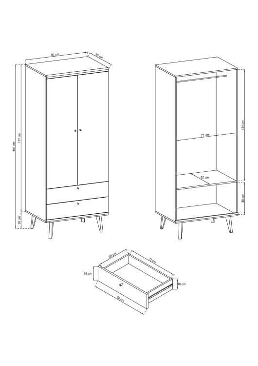 Rysunek techniczny szafy Primo PSZ80: szerokość 80 cm, wysokość 197 cm, głębokość 56 cm