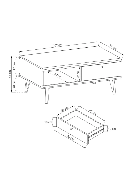 Rysunek techniczny stolika kawowego Primo PL107: szerokość 107 cm, wysokość 46 cm, głębokość 67 cm