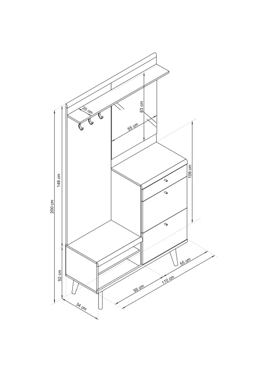Rysunek techniczny garderoby Primo PG110: szerokość 110 cm, wysokość 200 cm, głębokość 34 cm