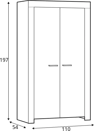 Rysunek techniczny szafy Sky SSZ110: szerokość 110 cm, wysokość 197 cm, głębokość 54 cm