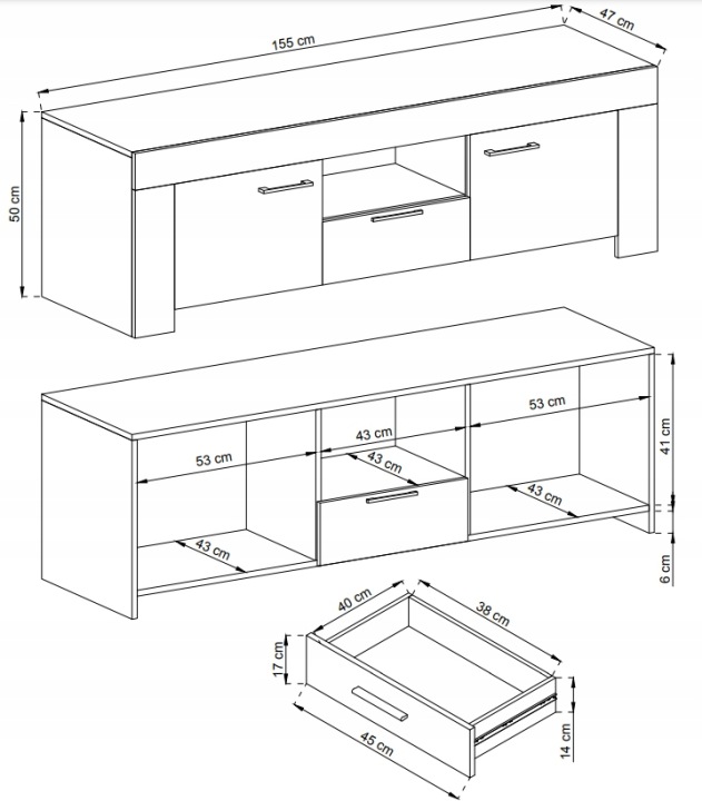 Schemat z wymiarami szafki RTV Sky SRTV155 szerokość 155 cm, wysokość 50 cm i 47 cm