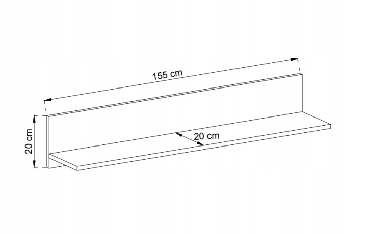 Schemat z wymiarami szafki RTV Sky SRTV155 i półki P155: szerokość 155 cm, wysokość 20 cm i 22 cm