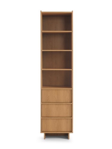 Smukły regał Yasumi R50 w kolorze dąb karmelowy, szerokość 50 cm, wysokość 201 cm, 3 otwarte półki i 3 szuflady bez uchwytów