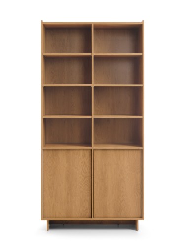 Szeroki regał Yasumi R98 w kolorze dąb karmelowy, szerokość 98 cm, wysokość 201 cm, 6 otwartych półek i 2 szafki bez uchwytów