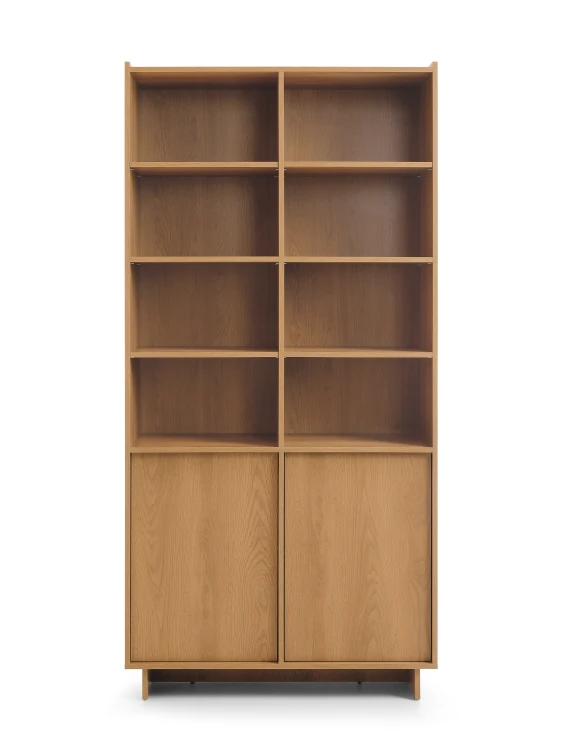 Szeroki regał Yasumi R98 w kolorze dąb karmelowy, szerokość 98 cm, wysokość 201 cm, 6 otwartych półek i 2 szafki bez uchwytów