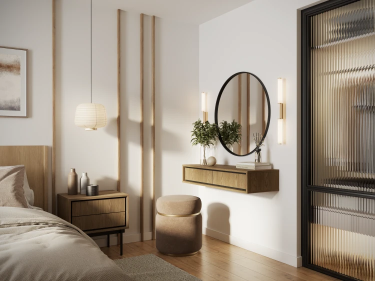 Wisząca szafka nocna Deco SNW w kolorze Baltic Dune zamontowana na ścianie sypialni w stylu japandi obok łóżka, z postawionym wazonem i książką na blacie.