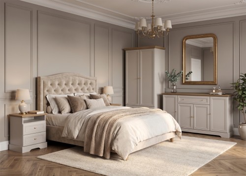 Przytulna sypialnia w stylu modern classic ze stojącą szafką nocną Kora Plus KSN ustawioną obok łóżka kontynentalnego, z postawioną na blacie lampką nocną i budzikiem.