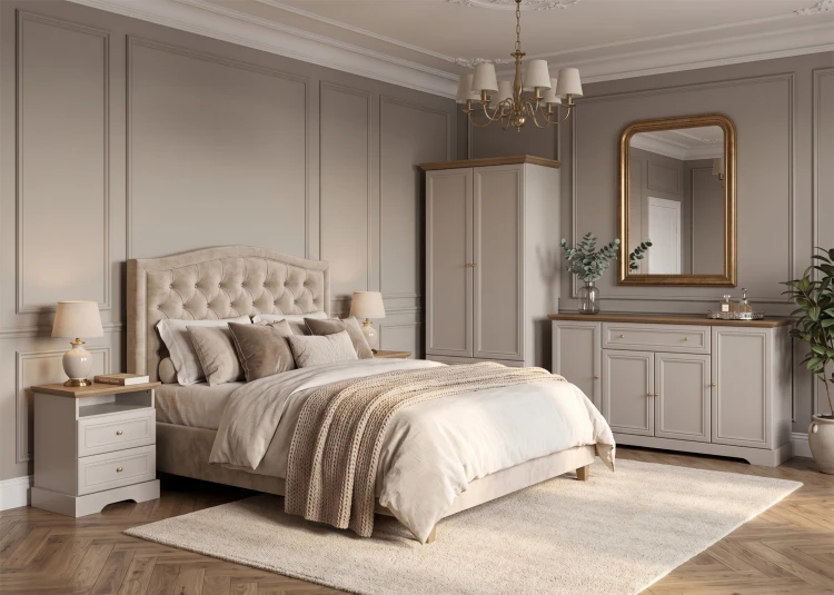 Przytulna sypialnia w stylu modern classic ze stojącą szafką nocną Kora Plus KSN ustawioną obok łóżka kontynentalnego, z postawioną na blacie lampką nocną i budzikiem.